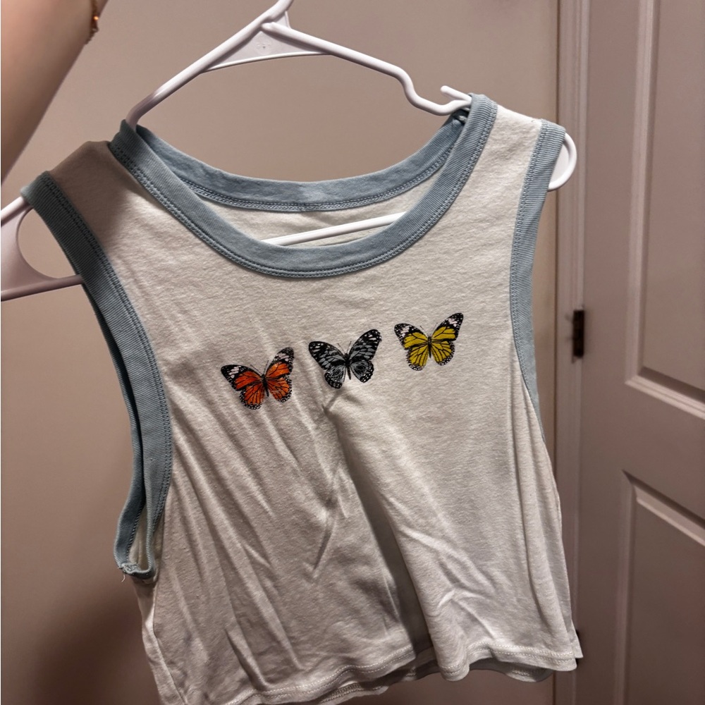 Butterfly Graphic Crop Tank Top - White with Blue Trim